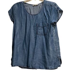 Soft Surroundings Women's Top Round Neck Cap Sleeve Denim Blue Side Slits Size M
